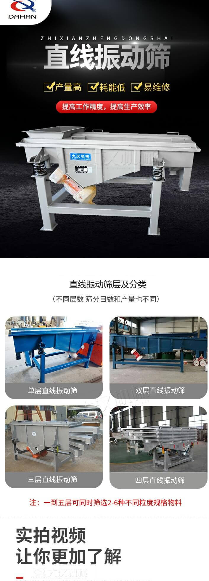 直線振動篩概述，產量高，耗能低，易維修，提高工作精度，提高生產效率，直線振動篩層級分類：不同層數，篩分目數和產量也不同：單層，雙層，三層，四層等。
